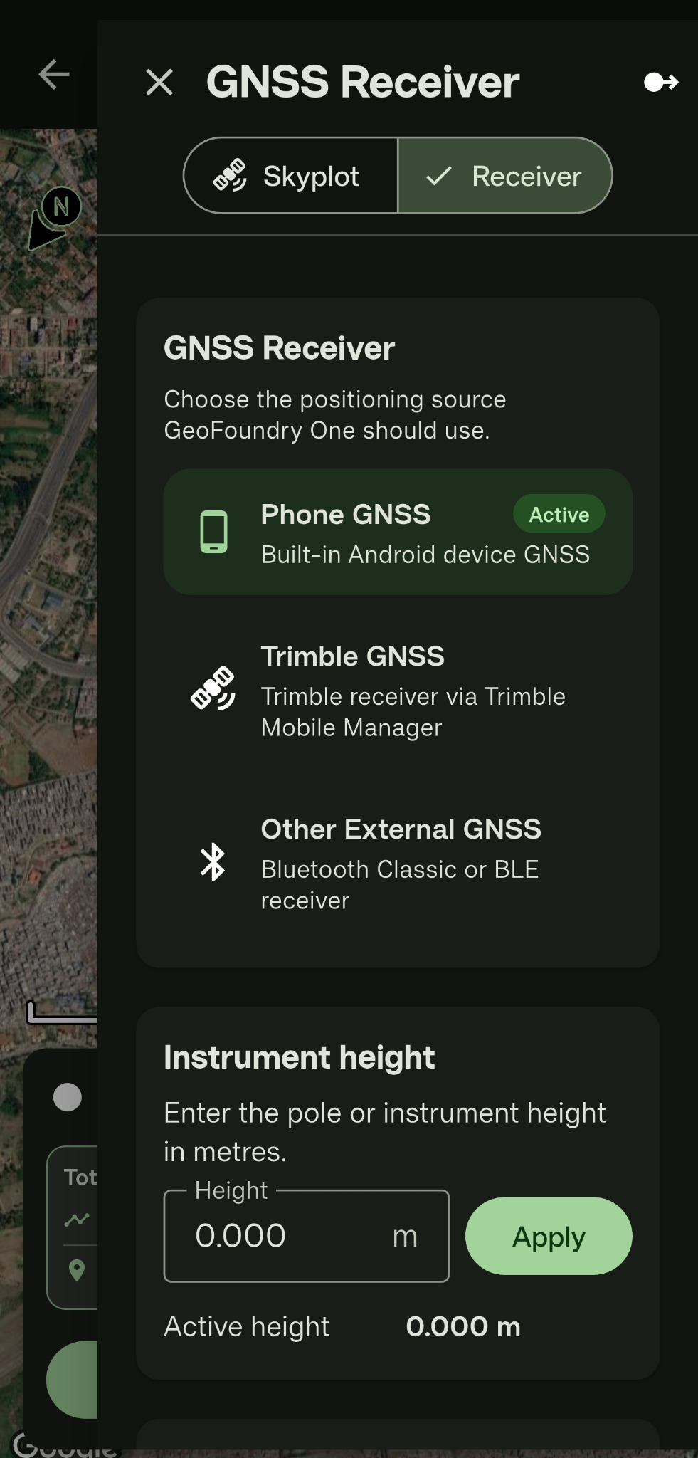 GeoFoundry One GNSS Receiver settings showing phone, Trimble and external GNSS options